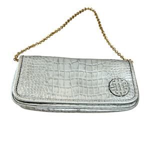 Antonio Melani Silver Leather Croc Embossed Shoulder Bag Metallic Maximalist